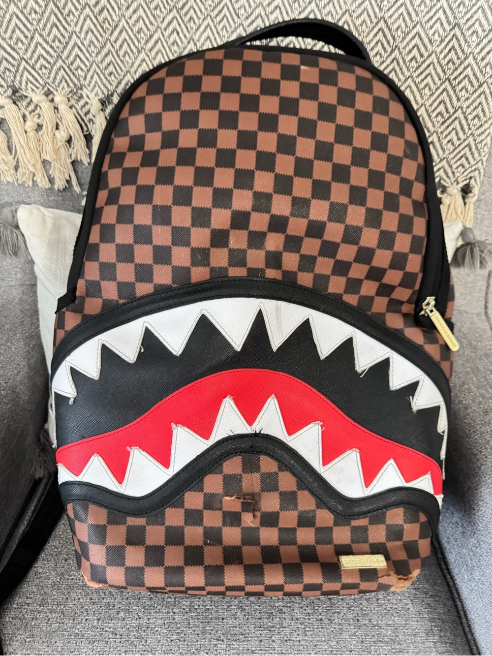 Sprayground The Journey Begins Checkered Shark-Mouth Backpack with Red Accent